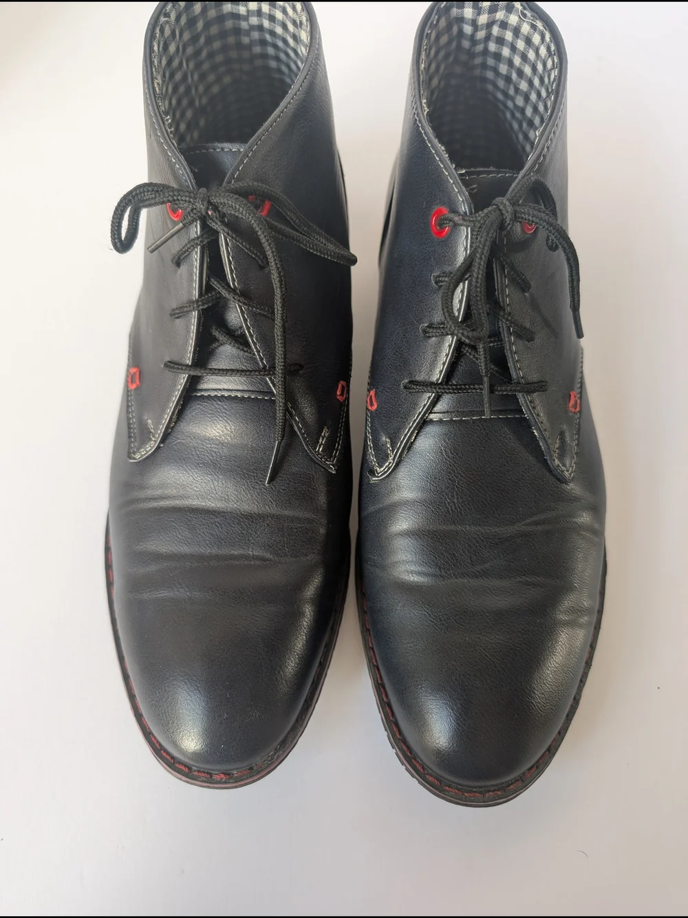SOLO Mens Black Leather Chukka Boots Sz 10 Gingham Lined Red Stitching